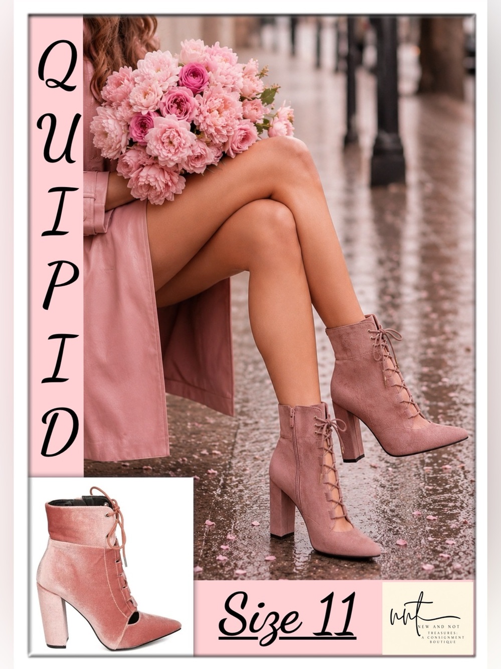 Qupid Women’s Size 11 Blush Pink Velvet Lace Up Pointed Toe Ankle Boots Heels